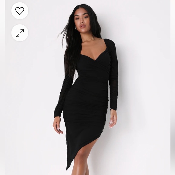 Always Sultry Black Ruched Mesh Long Sleeve Bodycon Midi Dress - Picture 1 of 4